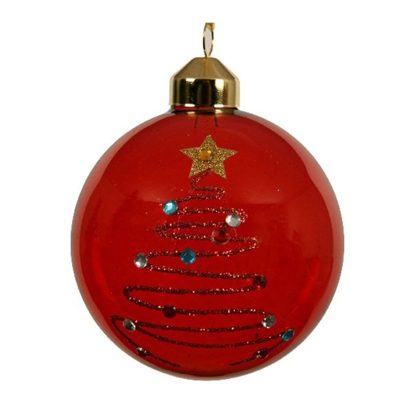 Χριστουγεννιάτικη Γυάλινη Μπάλα Κόκκινη με Δεντράκι (8cm)